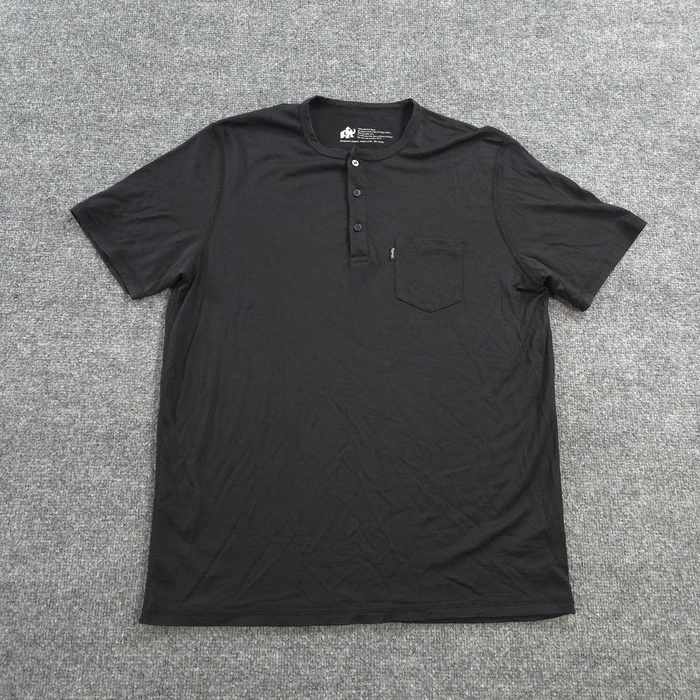 Woolly Shirt Mens Large Black 100% Merino Wool Henley Pocket Tee Base Layer Hike